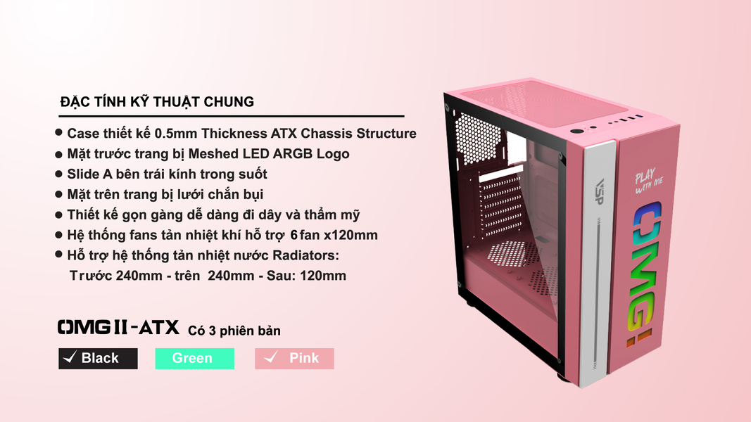 Vỏ Case VSP Led Gaming OMG II ATX (Pink)