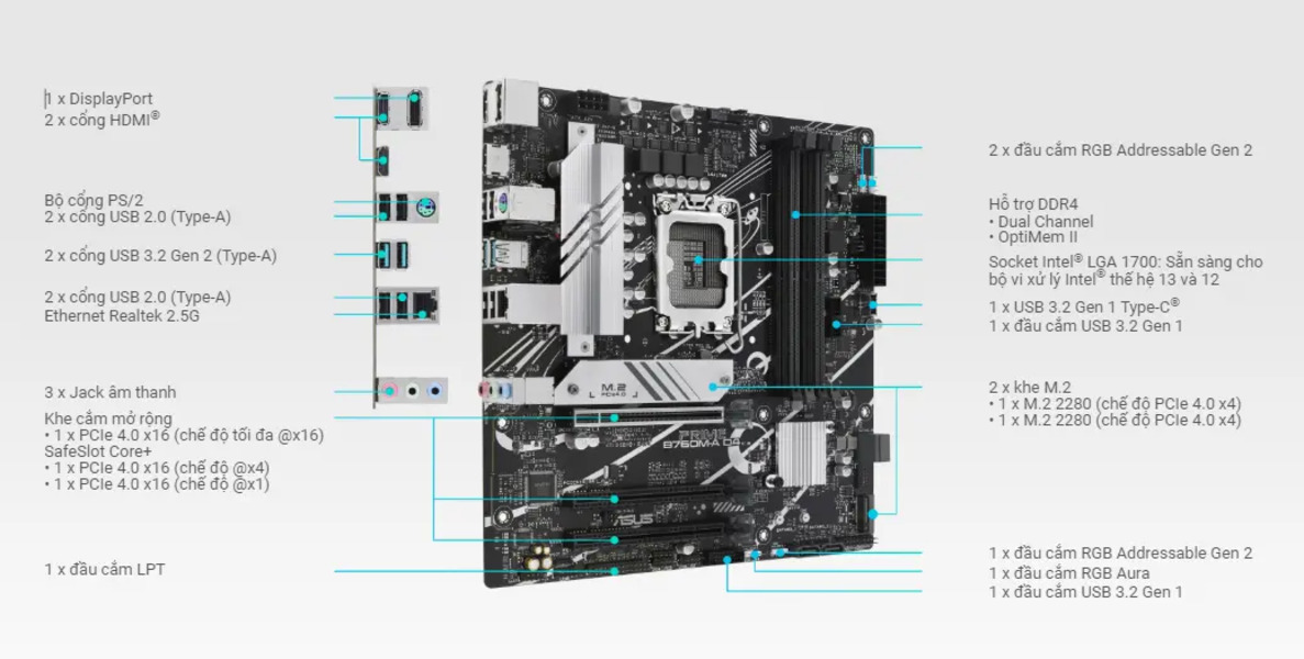 Mainboard ASUS PRIME B760M-A D4 (Intel B760, LGA1700, 4 x DDR4 128GB, M-ATX)